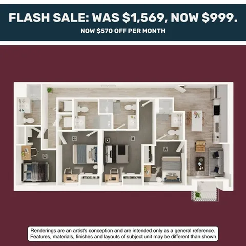 Elegant floor plan showcasing a modern apartment with 3 spacious bedrooms, open living and dining area, and a state-of-the-art kitchen. Special flash sale price offering major savings.