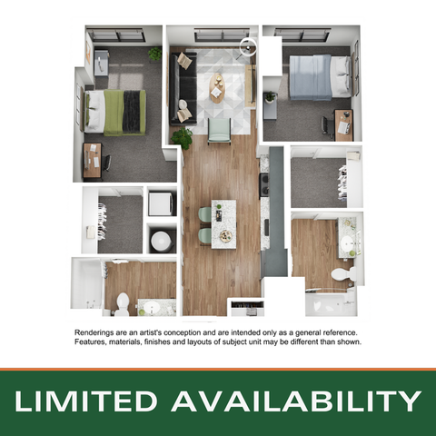 Modern 3D floor plan featuring two cozy bedrooms, an open living area, stylish kitchen with island, and elegant bathrooms. Limited availability.