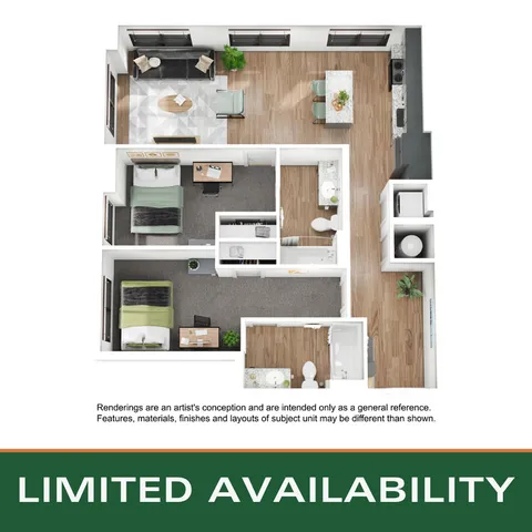 Elegant 3D floor plan featuring two cozy bedrooms, modern open-concept living and dining area, sleek kitchen, and spacious bathroom. Ideal for luxurious living with limited availability.