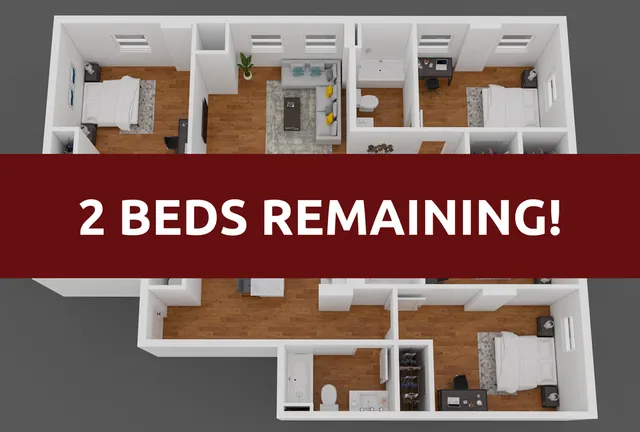 Contemporary 3D floor plan showcasing an inviting two-bedroom layout, featuring an open living area, modern kitchen, and stylish hardwood floors. Only 2 beds remaining!