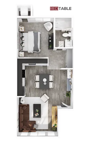 Modern L-shaped floor plan featuring a cozy bedroom, elegant living room, stylish kitchen, and a sleek bathroom.