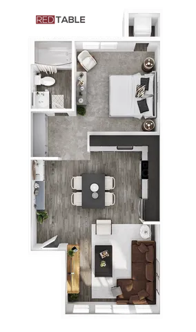 Modern 3D floor plan featuring a spacious bedroom, elegant kitchen, and cozy living area with contemporary design.
