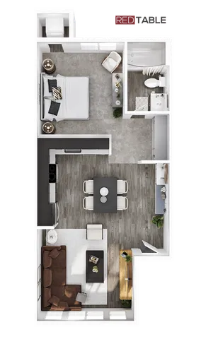 Modern 1-bedroom apartment floor plan featuring an open-concept kitchen, dining area, and cozy living space.
