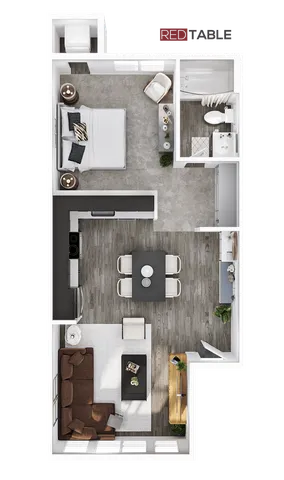 Modern 1-bedroom apartment floor plan with spacious living area, sleek kitchen, and elegant bathroom design.