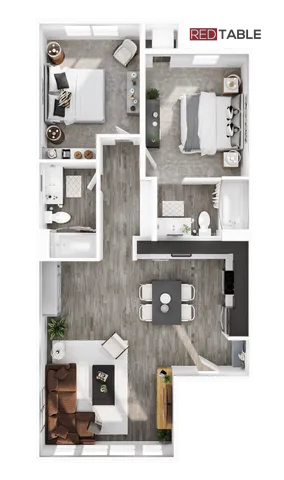 Modern open-concept floor plan with two spacious bedrooms, two bathrooms, a bright living area, and a sleek kitchen design.