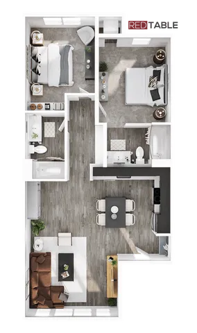 Chic 2D floor plan showcasing 2 spacious bedrooms, modern open-concept kitchen, and inviting living area with stylish furnishings.