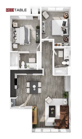 Modern 2D floor plan showcasing two spacious bedrooms, two stylish bathrooms, open-concept kitchen and dining area, and a cozy living room with natural light.