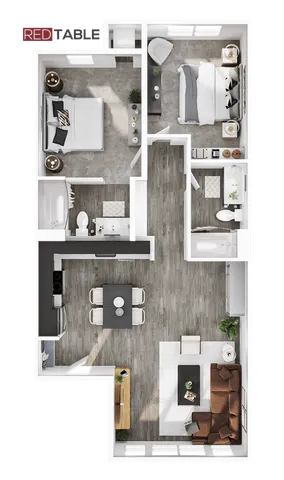 Modern 2-bedroom apartment floor plan with spacious open-concept living and dining area, stylish kitchen, and elegant bathrooms.