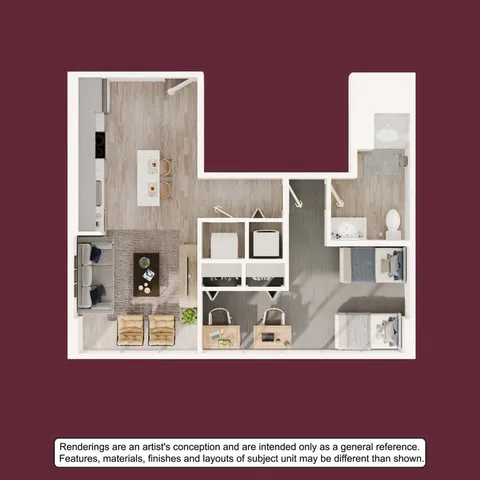 Elegant floor plan showcasing a modern 2-bedroom apartment with a sleek open-concept kitchen, inviting living area, and a contemporary bathroom design.
