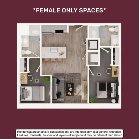 Chic female-only floor plan with 2 bedrooms, modern kitchen, cozy living area, and ample bathrooms.