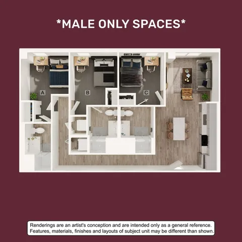 Contemporary floor plan showcasing 3 bedrooms, cozy living area, modern kitchen, and double bathrooms, designed for male only spaces.