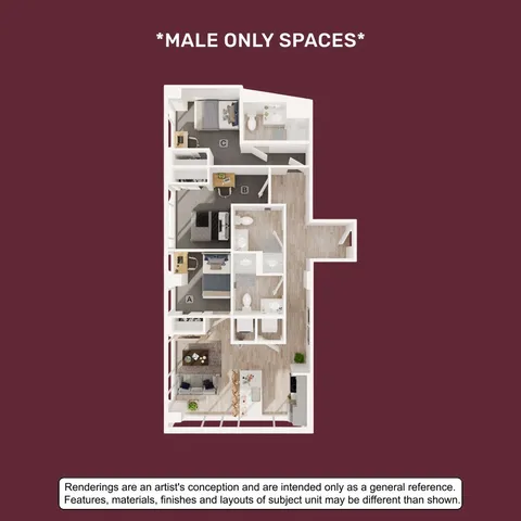 Modern floor plan showcasing a spacious male-only apartment with 3 private bedrooms, 3 bathrooms, a stylish living room, and a contemporary kitchen layout.