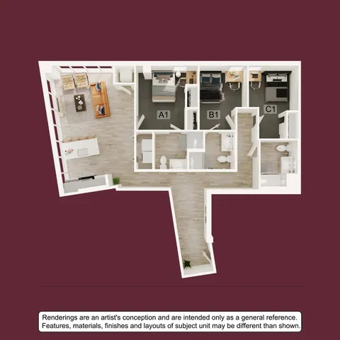 Modern floor plan featuring three bedrooms labeled A1, B1, and C1, with an open-concept living and dining area, sleek kitchen, and two contemporary bathrooms.