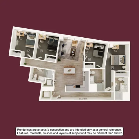 Elegant 3D floor plan showcasing a modern layout with four bedrooms, open living space, stylish kitchen island, and two bathrooms.