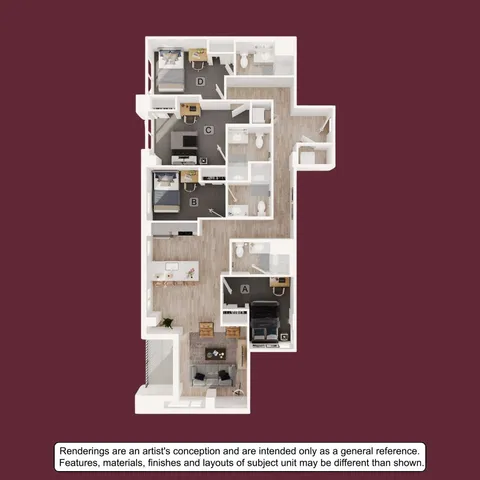 Contemporary 3D floor plan showcasing a spacious apartment with four bedrooms, modern kitchen, and cozy living area, enhanced by stylish interiors.