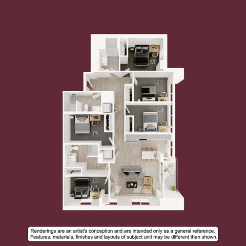 Elegant floor plan showcasing 5-bedroom layout with a generous living area, modern kitchen, and stylish furnishings.