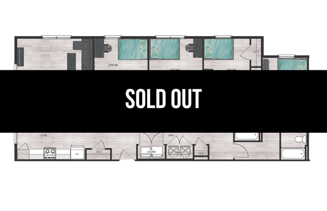Modern floor plan displaying a stylish 3-bedroom apartment with an open kitchen and roomy living area, now sold out.