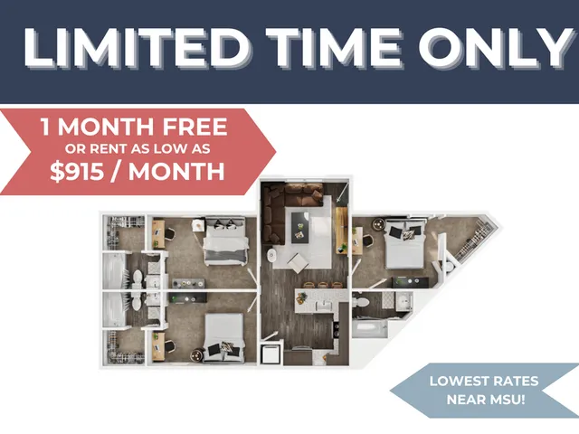 Modern floor plan showcasing an angled 2-bedroom layout with spacious living room, kitchen, and bathrooms. Limited time offer with competitive rates near MSU.