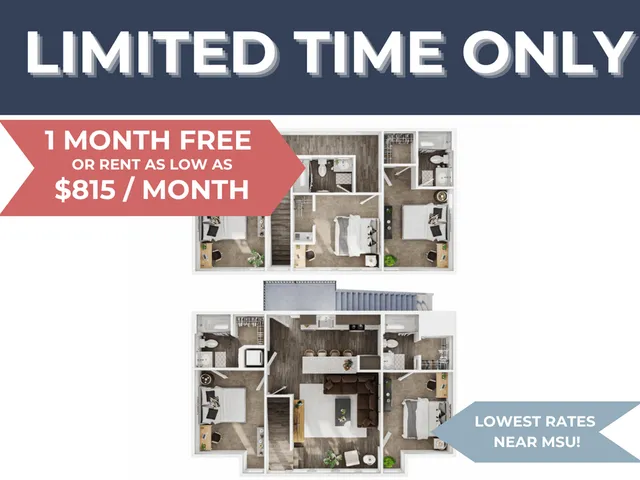 Chic floor plan highlighting two modern apartments with cozy bedrooms, functional kitchens, and inviting living spaces. Enjoy limited time offers with competitive rates near MSU.
