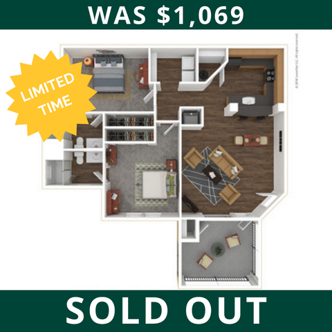 Chic 2D floor plan highlighting spacious living room, two cozy bedrooms, modern kitchen, and inviting balcony, previously offered at a special rate.
