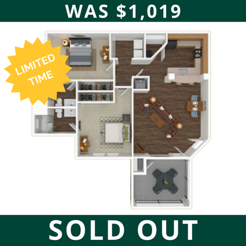 Limited time offer on a stylish 2D floor plan with 2 bedrooms, a cozy living area, modern kitchen, and spacious balcony. Now sold out.