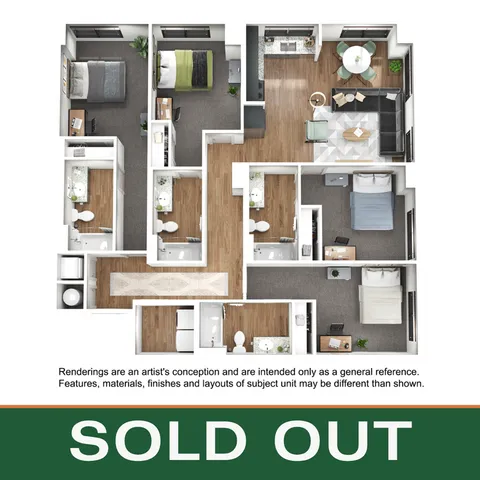 Contemporary 3-bedroom floor plan with spacious living area, modern kitchen, and two elegant bathrooms, highlighting functional and stylish design.