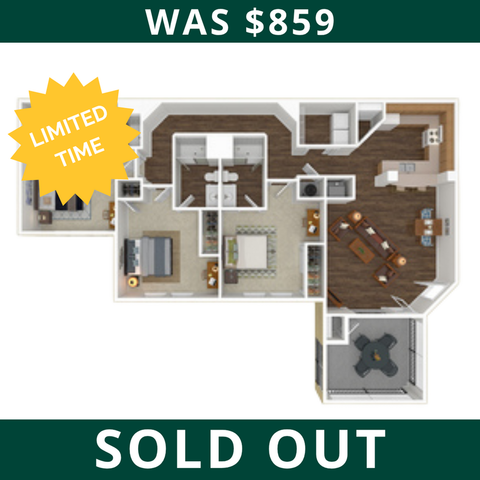 Elegant 3D floor plan showcasing a modern apartment with two bedrooms, two bathrooms, spacious living area, and open kitchen. SOLD OUT with a special limited time offer banner.