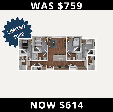 Limited time offer on spacious apartment floor plan featuring 3 bedrooms, modern open-concept living area, elegant kitchen, and stylish furnishings, now at $614.