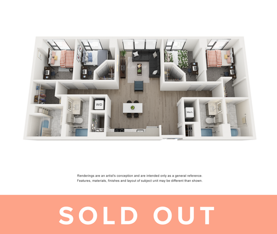 Modern 3D floor plan with three spacious bedrooms, stylish open living and dining area, and two elegant bathrooms, showcasing contemporary urban living.