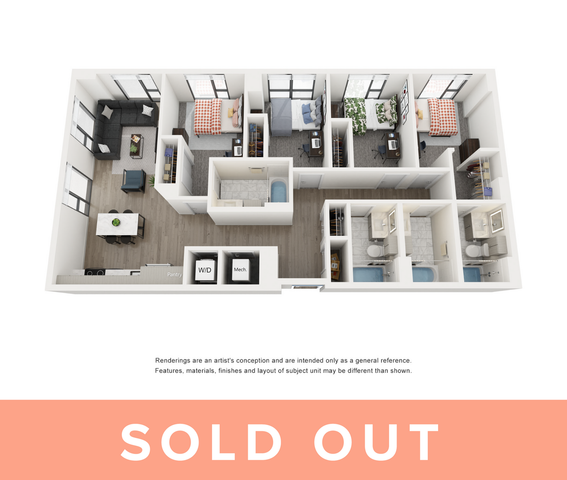 Modern 3D floor plan showcasing 4 bedrooms, an inviting open-concept living area, and a sleek kitchen layout.