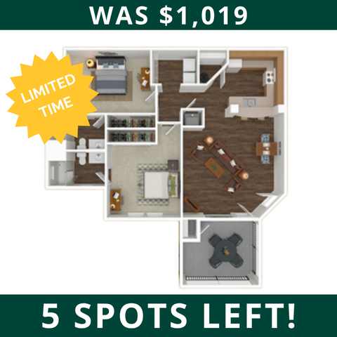 Charming 2D floor plan showcasing a modern apartment with two bedrooms, an inviting living area, and a sleek kitchen. Limited time offer with only 5 spots left at $1,019.