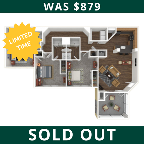 Elegant floor plan showcasing a 3-bedroom layout with a modern open-concept living and dining area, gourmet kitchen, and private balcony. Previously available at $879, now sold out.