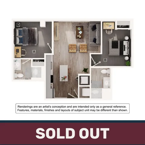 Modern floor plan depicting 2 bedrooms, open-concept living area, stylish kitchen, and 2 bathrooms. Luxurious design with elegant furnishings, suitable for contemporary living.