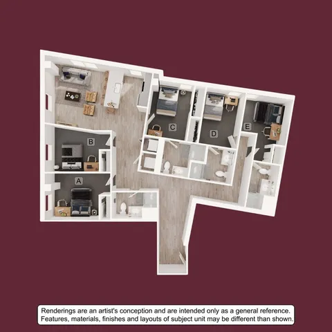 Modern 3D apartment floor plan featuring five bedrooms, spacious open-concept kitchen and living area, elegantly designed for comfort and style.