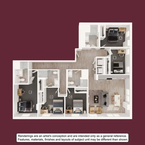 Elegant floor plan showcasing 5 bedrooms, open-concept living and dining area, and modern kitchen layout.