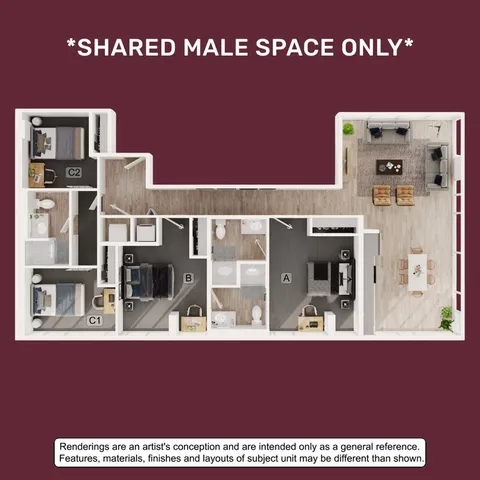 Modern shared male space floor plan with three bedrooms, cozy living area, dining space, and sleek bathroom designs.