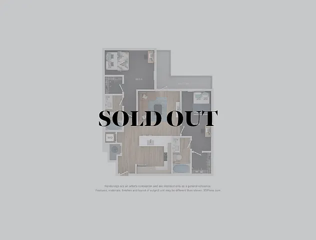 Chic 2D floor plan showcasing a modern 2-bedroom layout with open-concept living and dining area, cozy bedrooms, and private balcony. Sold out status highlighted.