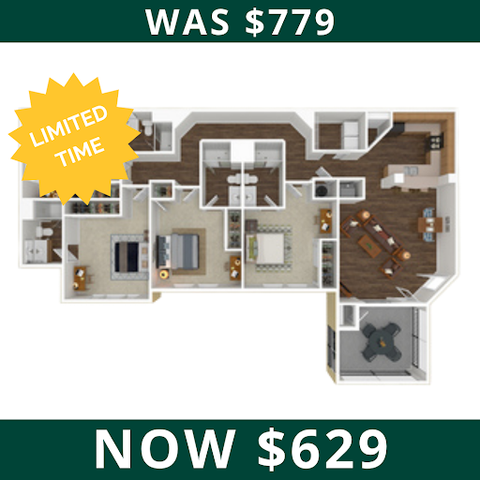 Elegant floor plan with 3 bedrooms, spacious open-concept kitchen and living area, featuring a unique layout. Special limited time offer for reduced pricing.