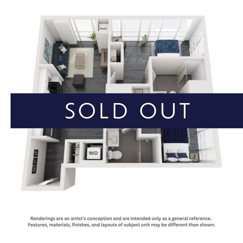 Modern 3D floor plan showcasing a stylish apartment with 2 bedrooms, open-plan living and dining area, elegant kitchen, and large windows providing natural light.