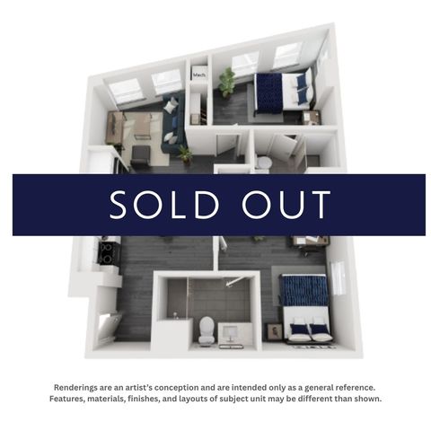 Chic 3D apartment floor plan with two cozy bedrooms, modern kitchen, inviting living area, and stylish bathroom. Now sold out, showcasing popular demand.