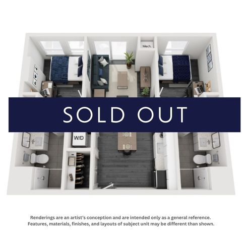 Stylish and modern 3D floor plan featuring two bedrooms, a cozy living area, and functional kitchen layout. Sold out luxury unit, perfect for comfortable urban living.