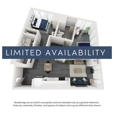 Modern 3D floor plan showcasing two-bedroom apartment with open living space, kitchen, and bathroom. Bright interior and stylish design, limited availability.