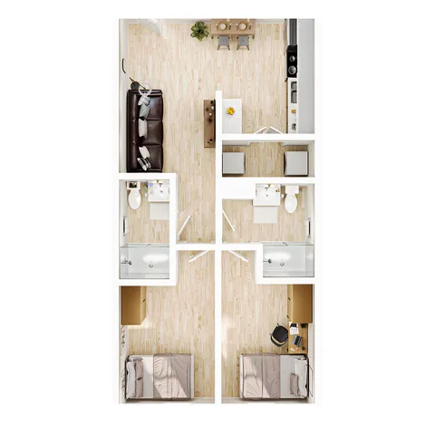 Modern 2D floor plan showcasing a stylish apartment with 2 bedrooms, cozy living area, and contemporary kitchen with dining space.