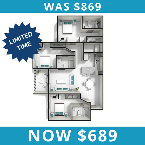 Modern floor plan showcasing three bedrooms, spacious living area, stylish kitchen, and outdoor balcony, now available for $689 in a limited-time offer.