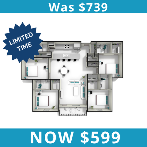 Limited time offer on a spacious floor plan showcasing 3 bedrooms, open-concept living space, modern kitchen, and stylish interior design, now at a discounted price.