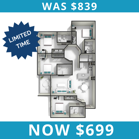 Modern 3D floor plan showcasing three spacious bedrooms, stylish living area, and a contemporary kitchen. Limited time offer: reduced price from $839 to $699.