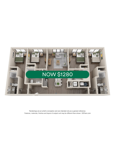 Contemporary 3D floor plan showcasing an affordable apartment with 3 bedrooms, 2 bathrooms, a cozy living area, and a modern kitchen, currently priced at $1280.