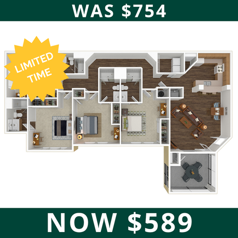 Modern 3D floor plan displaying a spacious layout with 2 bedrooms, cozy living area, elegant kitchen, and private balcony. Limited time offer at $589, reduced from $754.