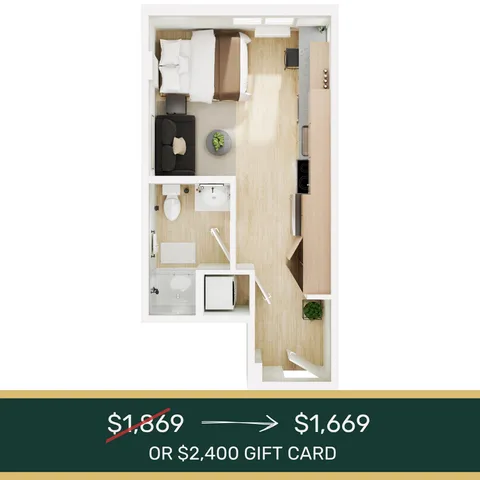 Modern studio apartment floor plan showcasing an integrated living and bedroom area, a sleek kitchen, and a cozy bathroom. Special offer price is $1,669 with a $2,400 gift card incentive.