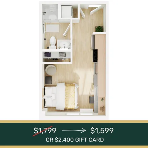 Chic studio apartment floor plan showcasing an open layout with a cozy sleeping area, modern kitchen, and stylish bathroom, now available at a discounted price.